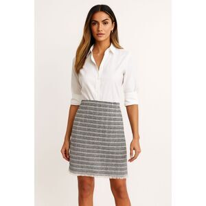 LOFT BLACK & IVORY STRIPED FRINGE HEM CAREER CASUAL TWEED MINI SKIRT SIZE:16 NWT